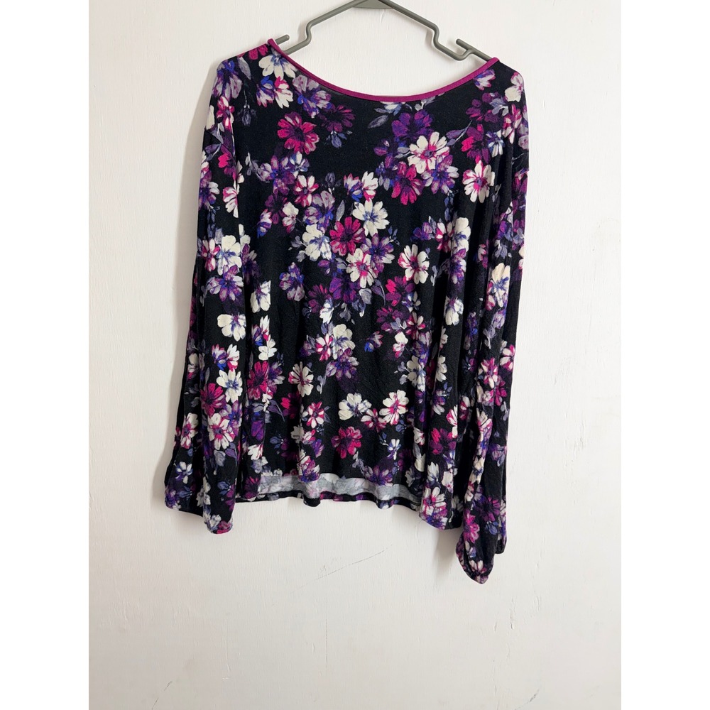 Tommy Bahama Floral Long Sleeve Top XL Black Purple Pink Rayon Spandex Stretch